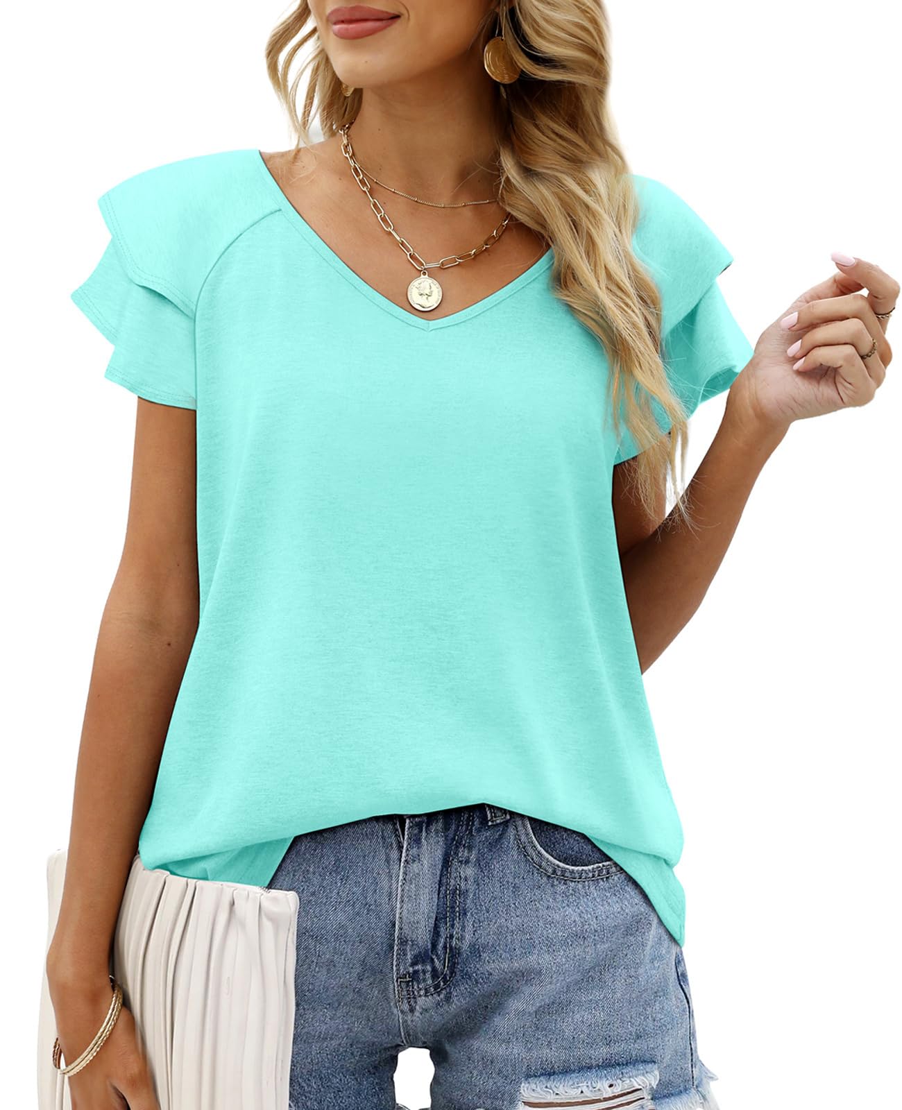 OFEEFAN Womens Summer Tops Ruffle Short Sleeve V Neck T-Shirts Casual Loose Fit