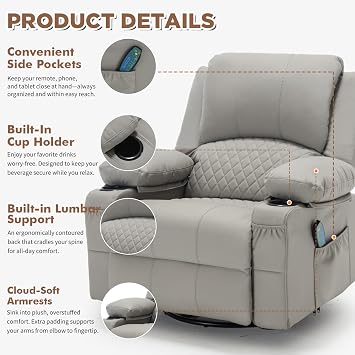 Oversized Manual Swivel Rocker Recliner Nursery Rocking Glider Chair, Grey