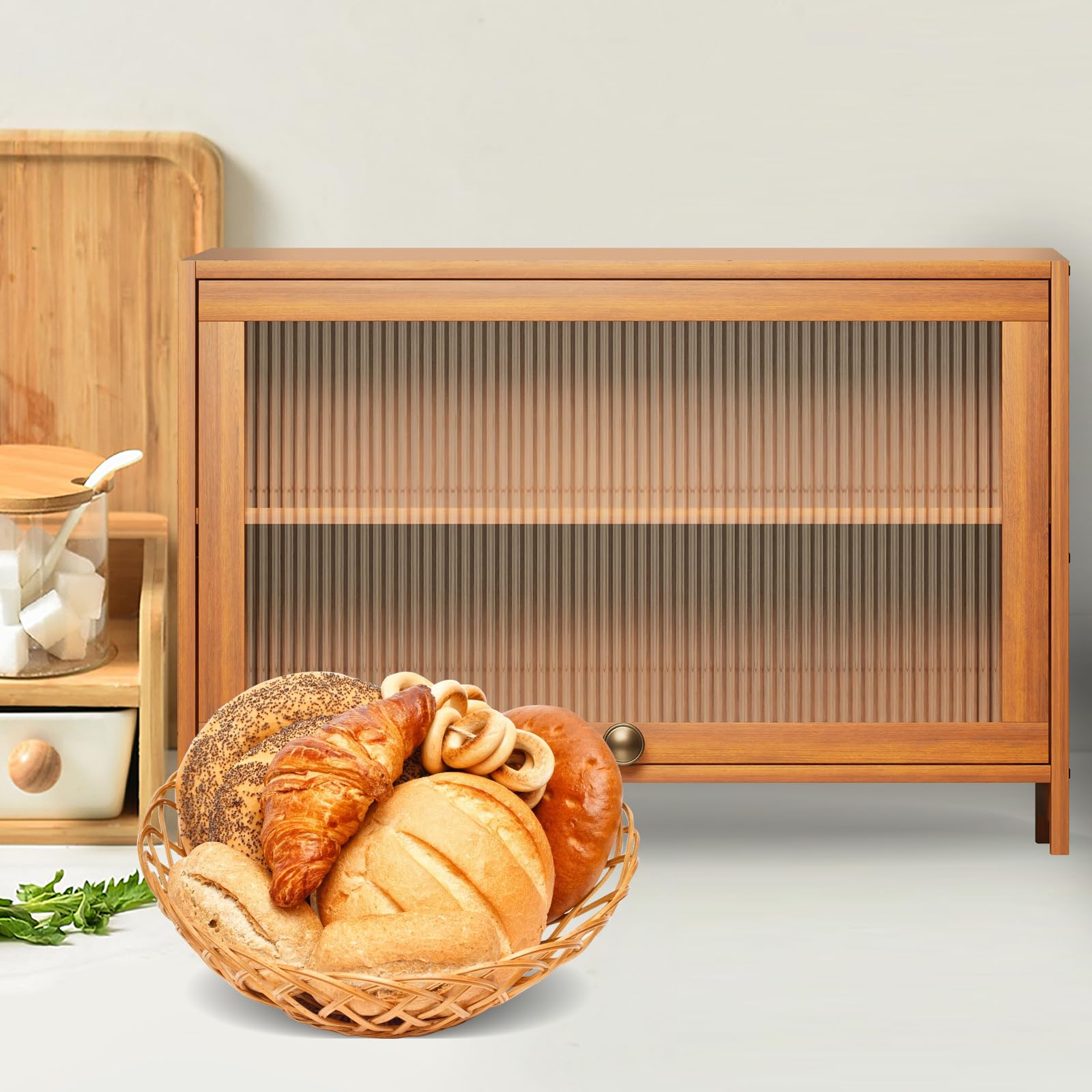 Panera de bambú, 2 niveles, 60 × 32 × 40 cm, caja de almacenamiento de pan con puerta de acrílico, para panes y panes