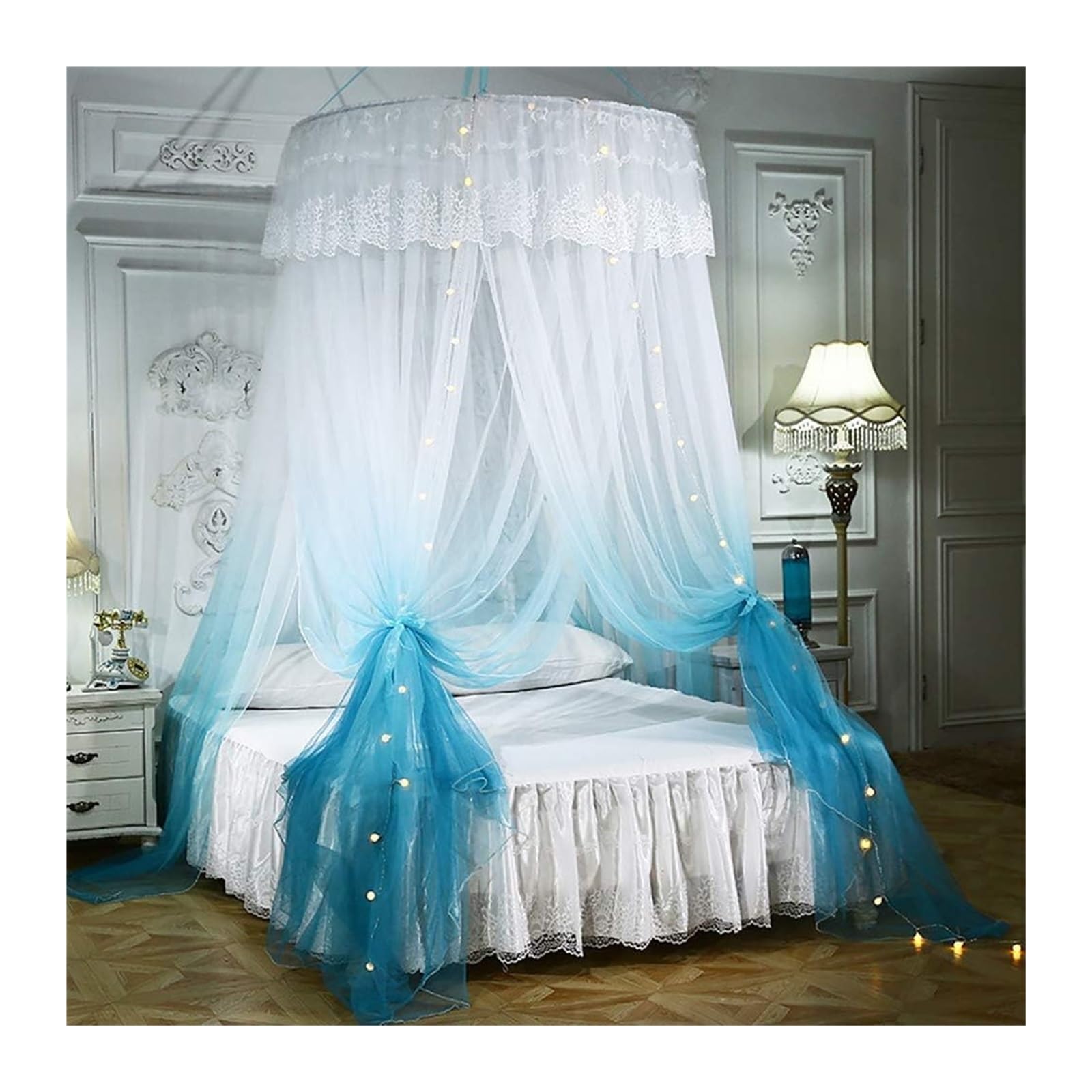 Ciel de lit moustiquaire bleu baldaquin rond pour déco chambre enfant