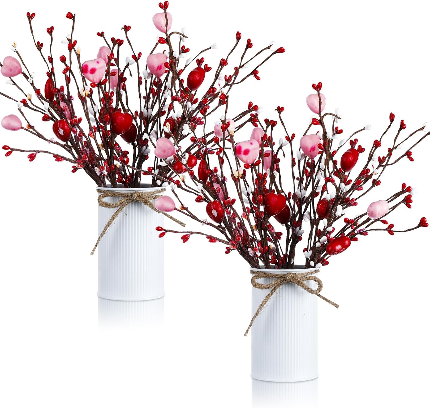 4 Sets Valentine‘s Day Table Centerpiece Floral Arrangement Vintage Artificial Decoration Flowers Heart Shaped Berry Flower Stems with Metal Pots for Wedding Anniversary Party Home Office