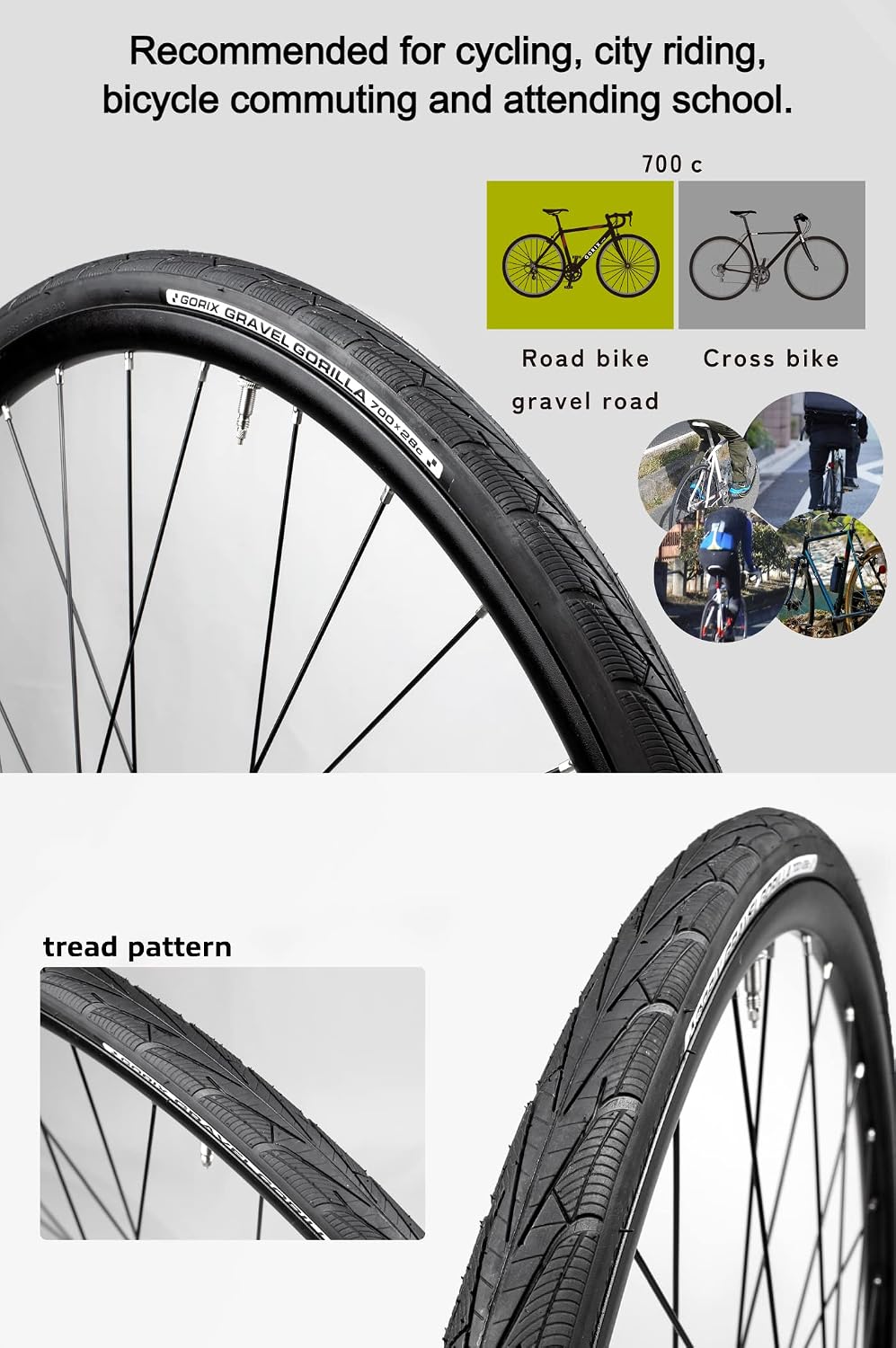 GORIX Road Bike Clincher Tire 700×28C Tread Gravel Road Cycling Bicycle (Gravel Gorilla)
