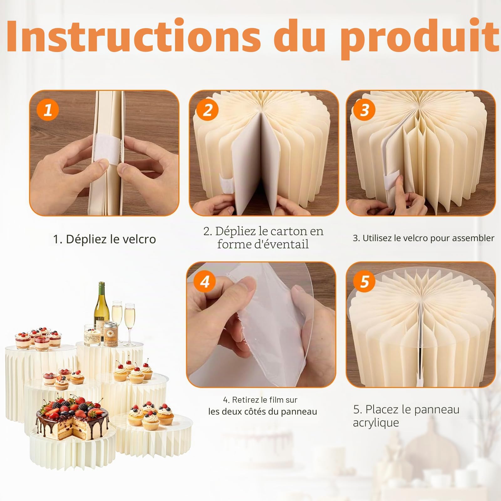 Lot de 6 Presentoir Aperitif Buffet Pliable, Presentoir Gateau avec 6 assiettes rondes en PVC, Support Gateau en Acrylique et en Carton, pour Traiteur, Dessert, Bijoux, Figurines, Bonbons, Aliments