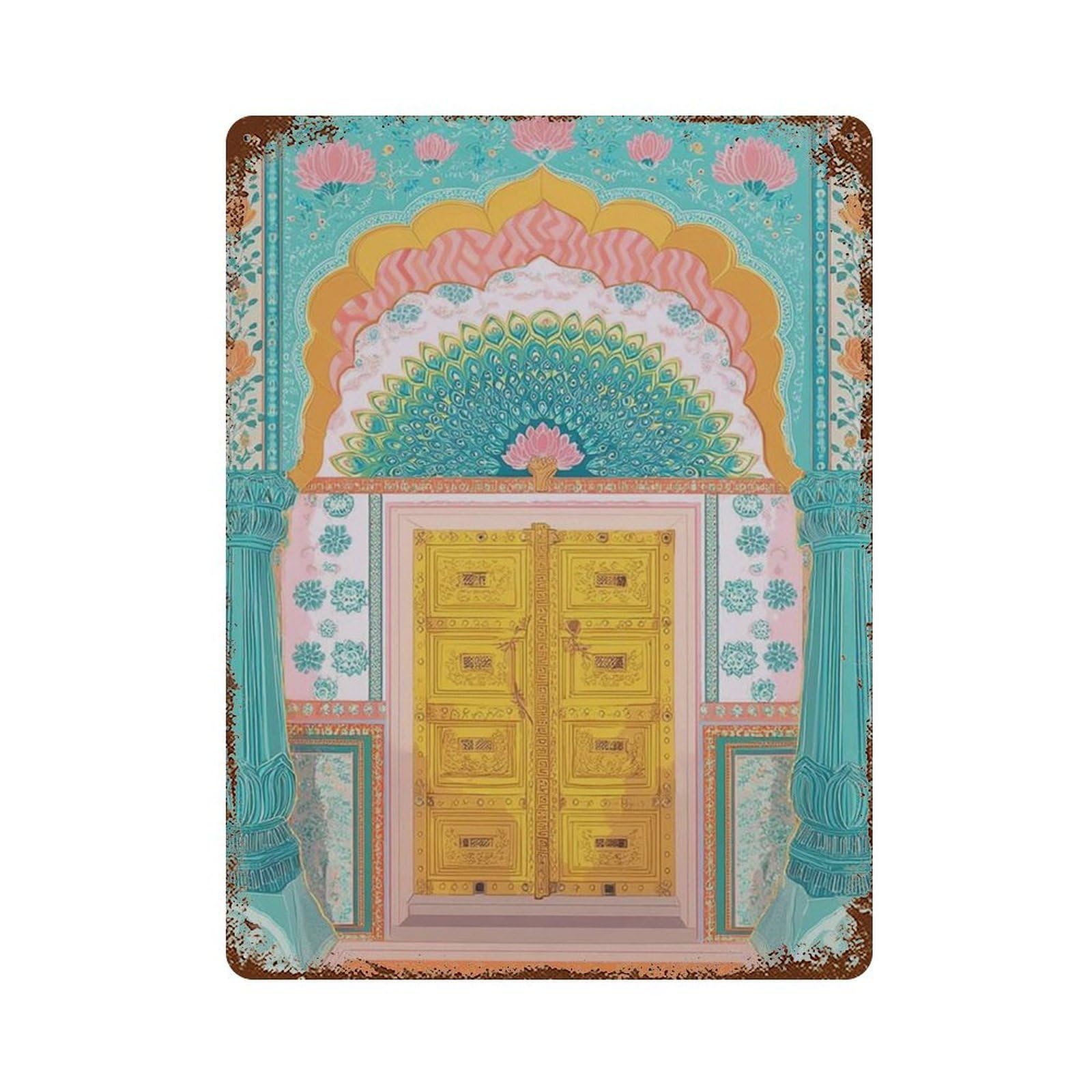 xiaoxiaoshen Indian Peacock Gate Painting Jaipur Architecture Colorful Palace Rajasthan Boho Wall Decor Art Metal Tin Poster Modern Home Decor Art Home Bar Shop Decorations Vintage Sign 40x30cm