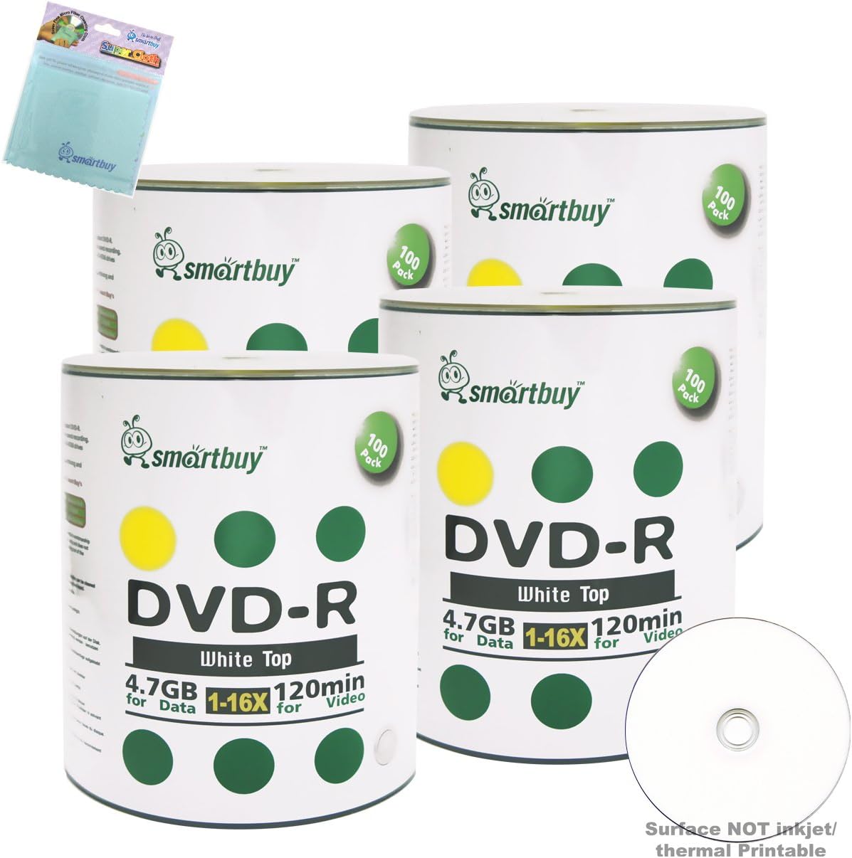 Smartbuy 400-disc 4.7GB/120min 16x DVD-R White Top Blank Media Record Disc + Free Micro Fiber Cloth