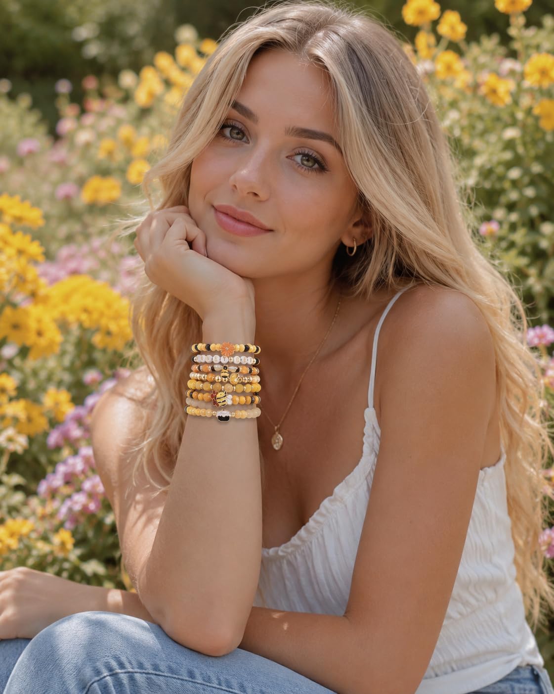 Bee Bracelets for Women Yellow Black Honeybee Flower Honey Jar Heishi Clay Beaded Stretch Bracelet Stackable Elastic Layering Friendship Wrist Jewelry for Spring Summer Holiday Party Gift image 2