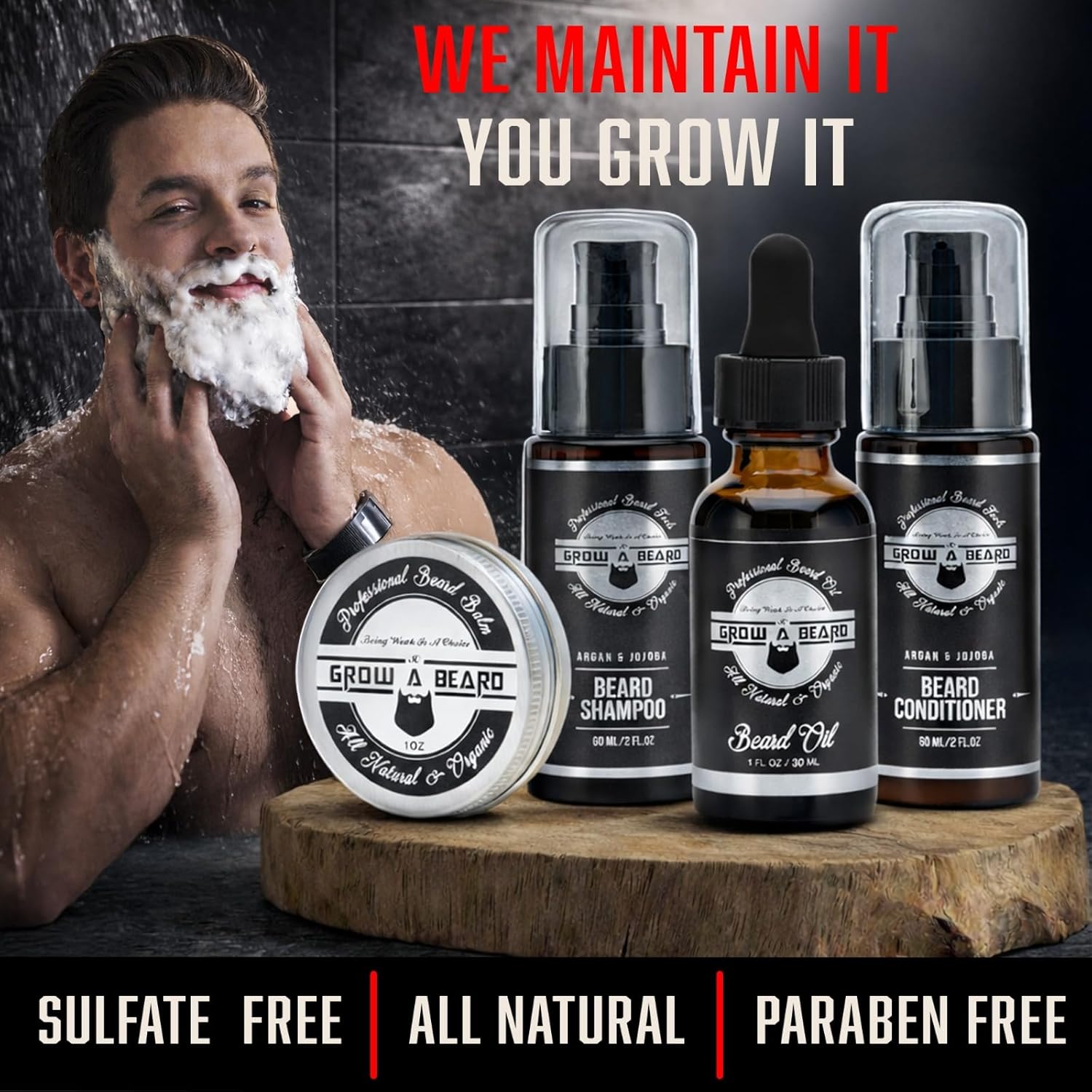 Beard Straightener Grooming Kit for Men, Beard Growth Kit, Wash, Brush & Comb, Unscented Growth Oil, All Natural Sandalwood Balm, Conditioner, Razor & Scissors, Great Gift Idea for Men's (Black)