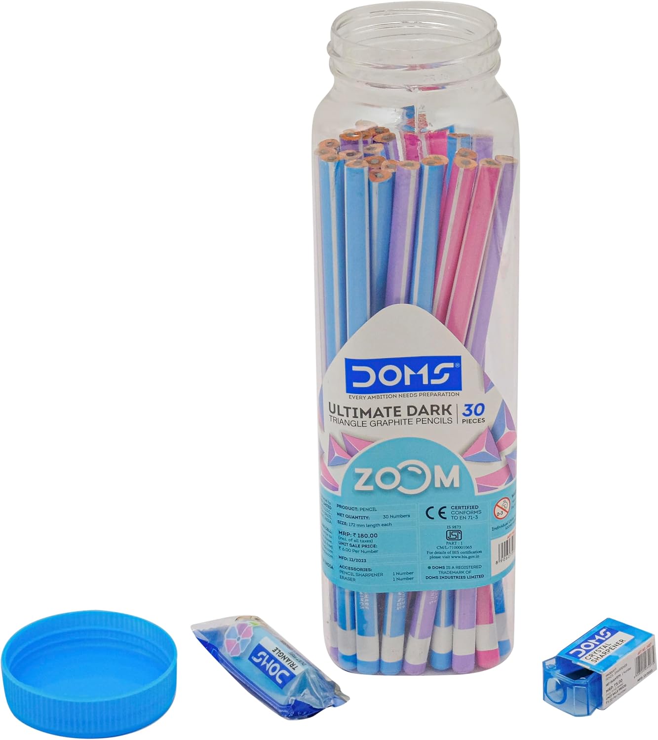 Doms Zoom Ultimate Dark Triangle Pencil | Jar Pack, 30 Pieces | Contains Pencils, Sharpener, Eraser & Scale, Multicoloured, Pack Of 1 (DM7274)