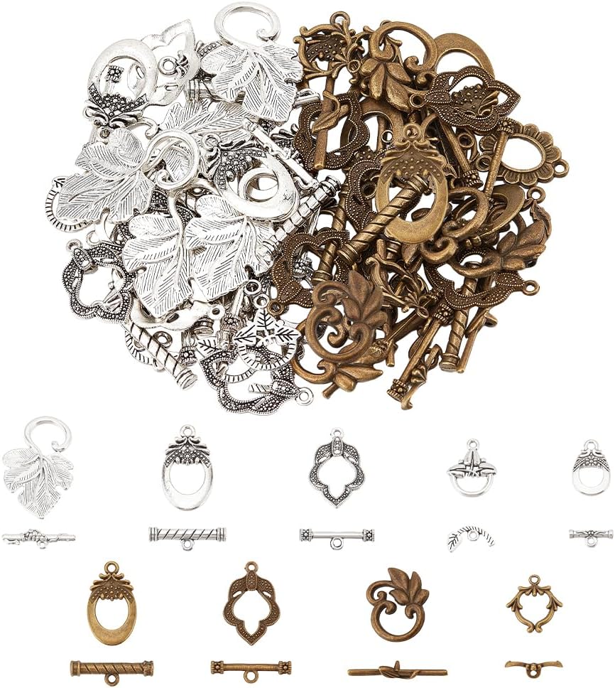 PH PandaHall 54 Sets 9 Styles Toggle Clasps, Tibetan Jewelry Toggle Clasp Flower Oval Leaf Alloy Clasp Jewelry Clasps and Closures for Necklace Bracelet Jewelry Making, Antique Silver/Bronze