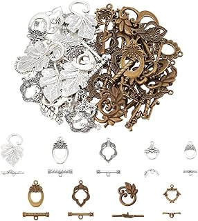 PH PandaHall 54 Sets 9 Styles Toggle Clasps, Tibetan Jewelry Toggle Clasp Flower Oval Leaf Alloy Clasp Jewelry Clasps and Closures for Necklace Bracelet Jewelry Making, Antique Silver/Bronze