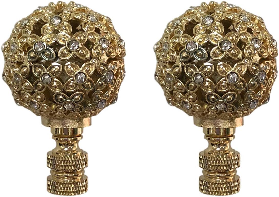 Royal Designs Floral Motif Sphere 2.75" Crystal Accents Lamp Finial for Lamp Shade, Polished Brass - Set of 2