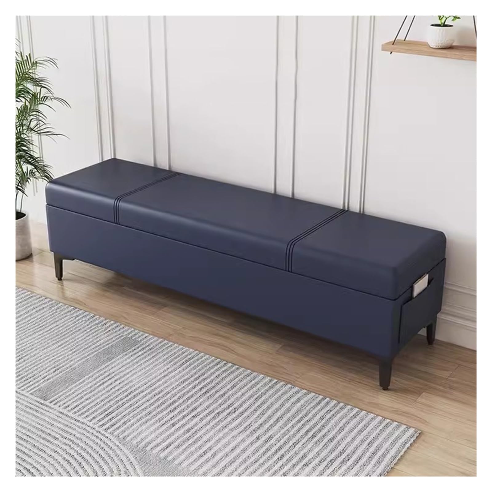 Banc d'entrée bleu avec rangement pour un salon ordonné et accueillant