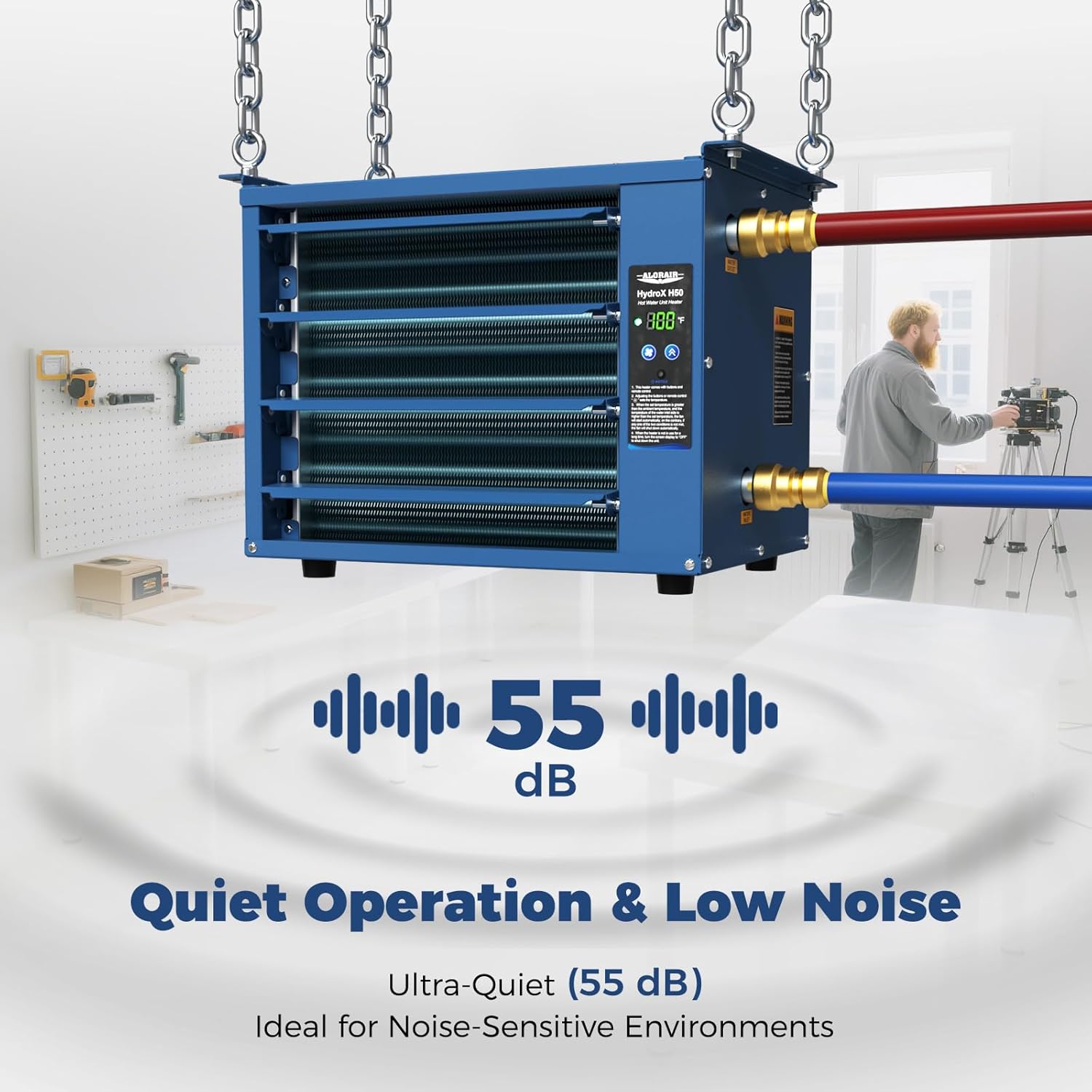 ALORAIR 50,000 BTU Hydronic Hanging Heater, HydroX H50, Aluminum Tube, Multiple Connection Types, Energy-Efficient Heating, Quiet 500CFM Blower, Hot Water & Steam Compatible, Garage/Warehouse Heater