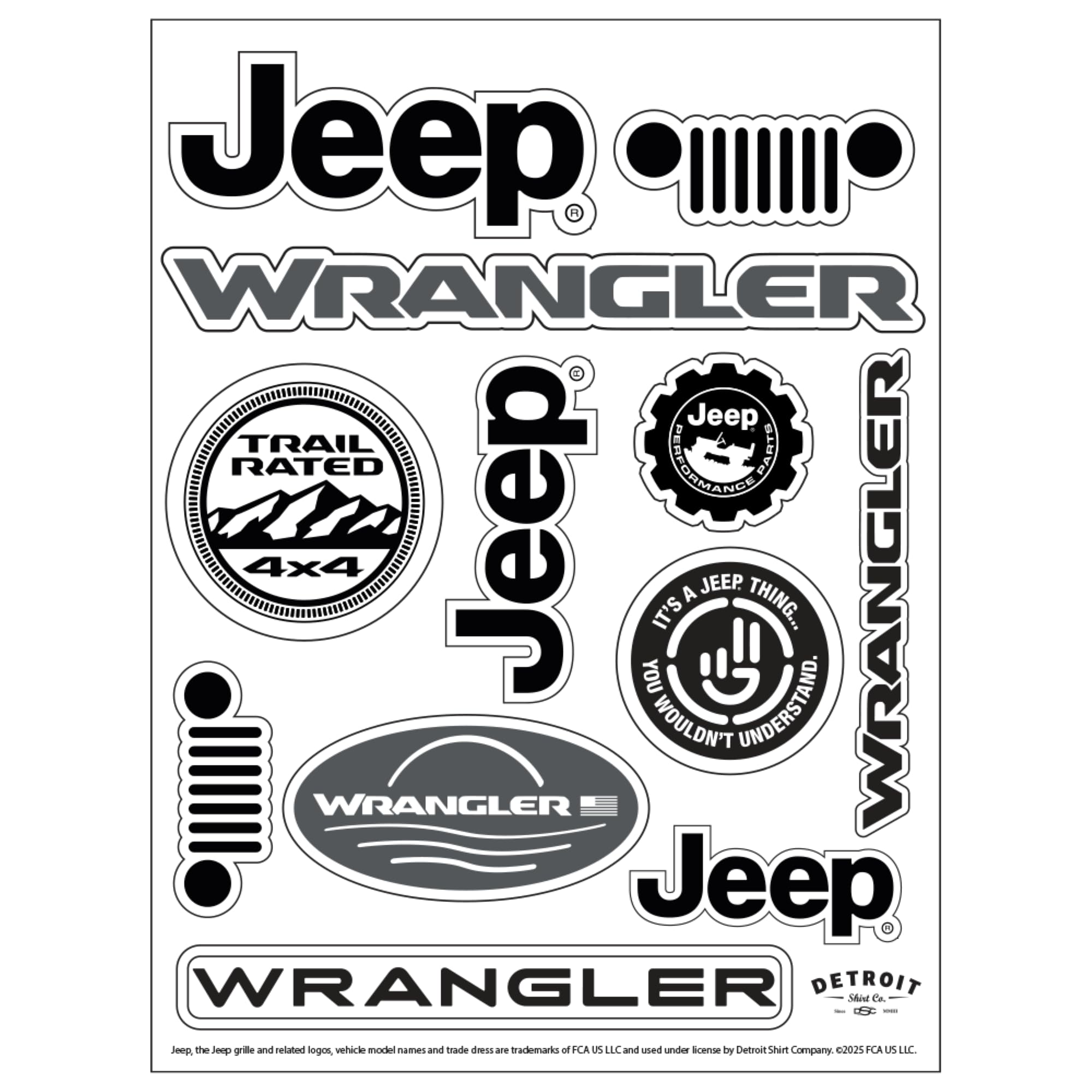 Jeep Wrangler - Foglio di 12 adesivi in vinile resistente, 15,2 x 20,3 cm, resistente alle intemperie, resistente ai raggi UV, facile da staccare, grafica fuoristrada