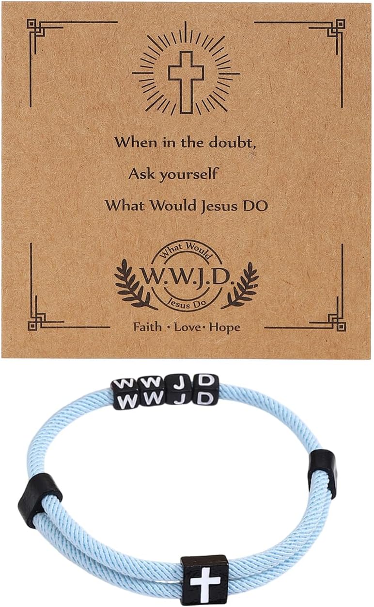 Pingyongchang WWJD Cross Braided Rope Bracelet for Women Men Jesus Religious Adjustable Surfer Bracelet with Gift Message Card Christian Lucky Protection Jewelry Friendship Couple Gift-Blue
