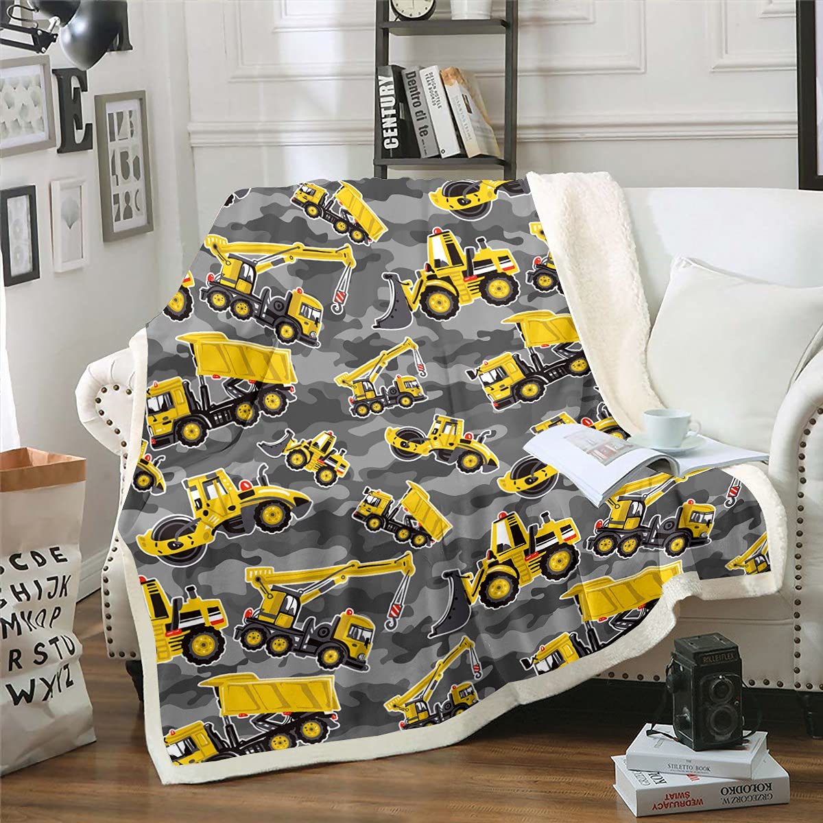 Kids Cartoon Excavator Fleece Throw Blanket Vehicles Truck Car Plush Blanket for Boys Child Toddler Bulldozer Crane Sherpa Blanket Construction Site Fuzzy Blanket for Sofa Bed,Double 60x79 Inch — image 1