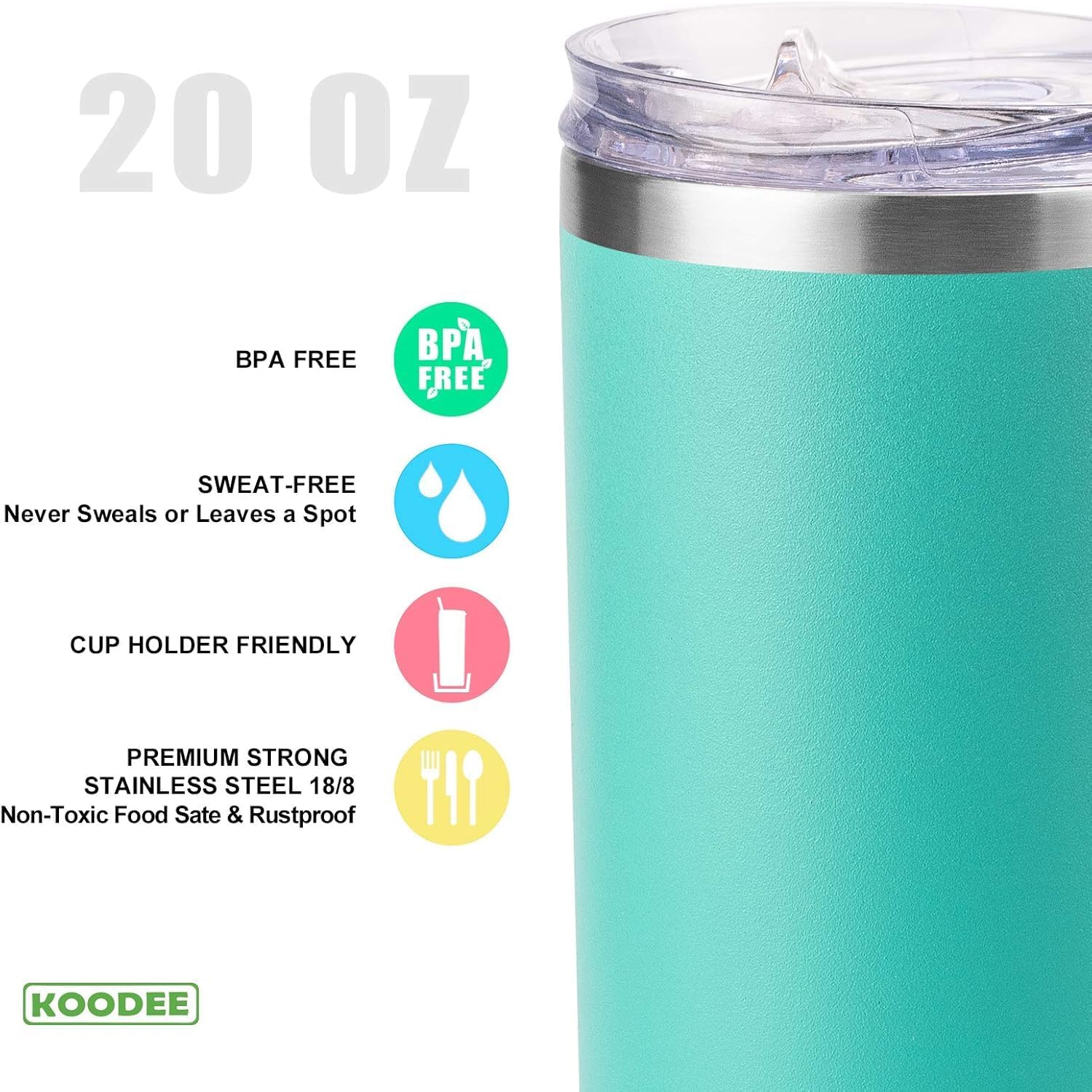 koodee 20 oz Stainless Steel Skinny Tumblers (4 Pack) Double Wall Insulated Water Tumbler Cup with Lids, Straws and Straw Brushes (Teal, 4 Pack) - Image 3