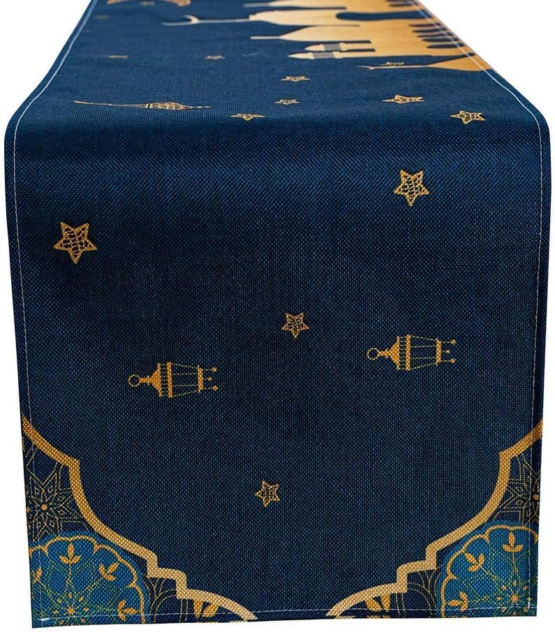 Aazeem Ramadan Mubarak Table Runner Navy Blue | Mosque Lantern Islamic Design Table Cover Runner | Dining Table Festive Decor 6 Seater