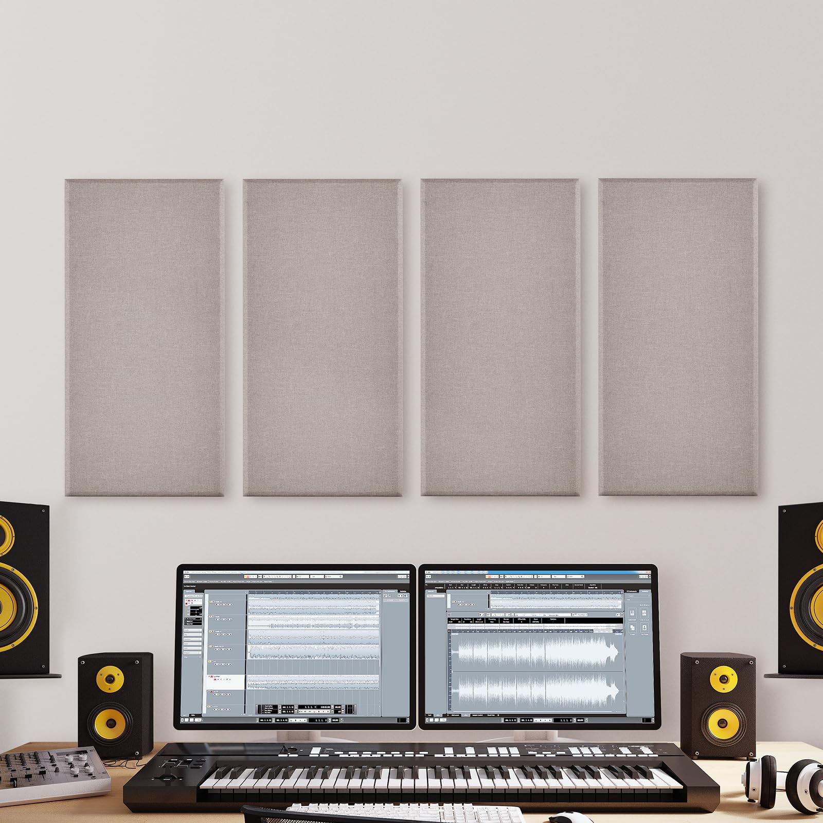 VEVOR Paneles Acústicos de Fibra de Vidrio, Paneles de Absorción de Sonido, Insonorizados Autoadhesivos, para Estudios, Oficinas, Cine en Casa, Salas de Reuniones, Camello, 600 x 300 x 50 mm, 4 uds