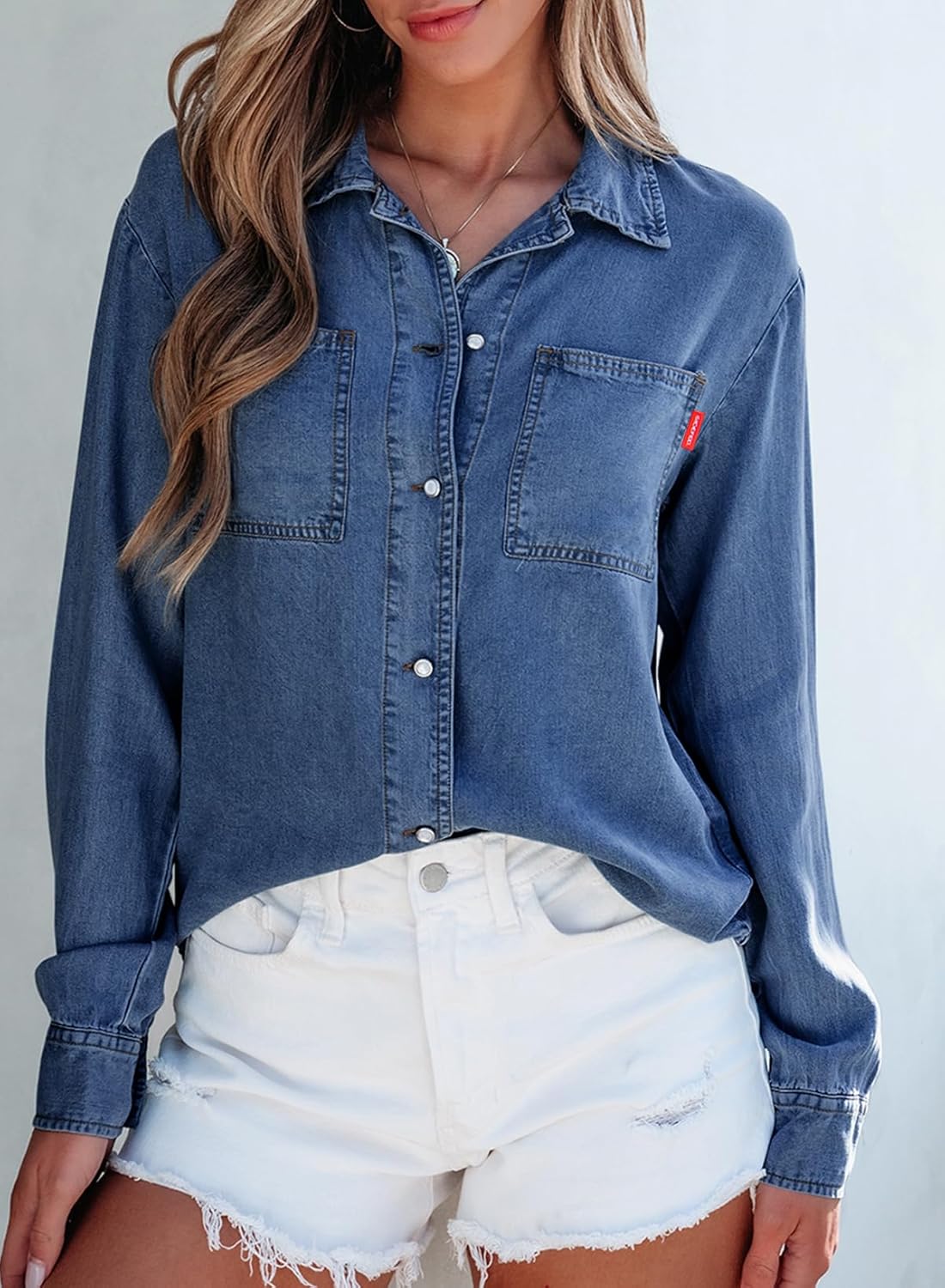 Sidefeel Women's Denim Shirts Button Down Jean Shacket Spring Outfit 2025 Long Sleeve Chambray Blouse Top - Image 4
