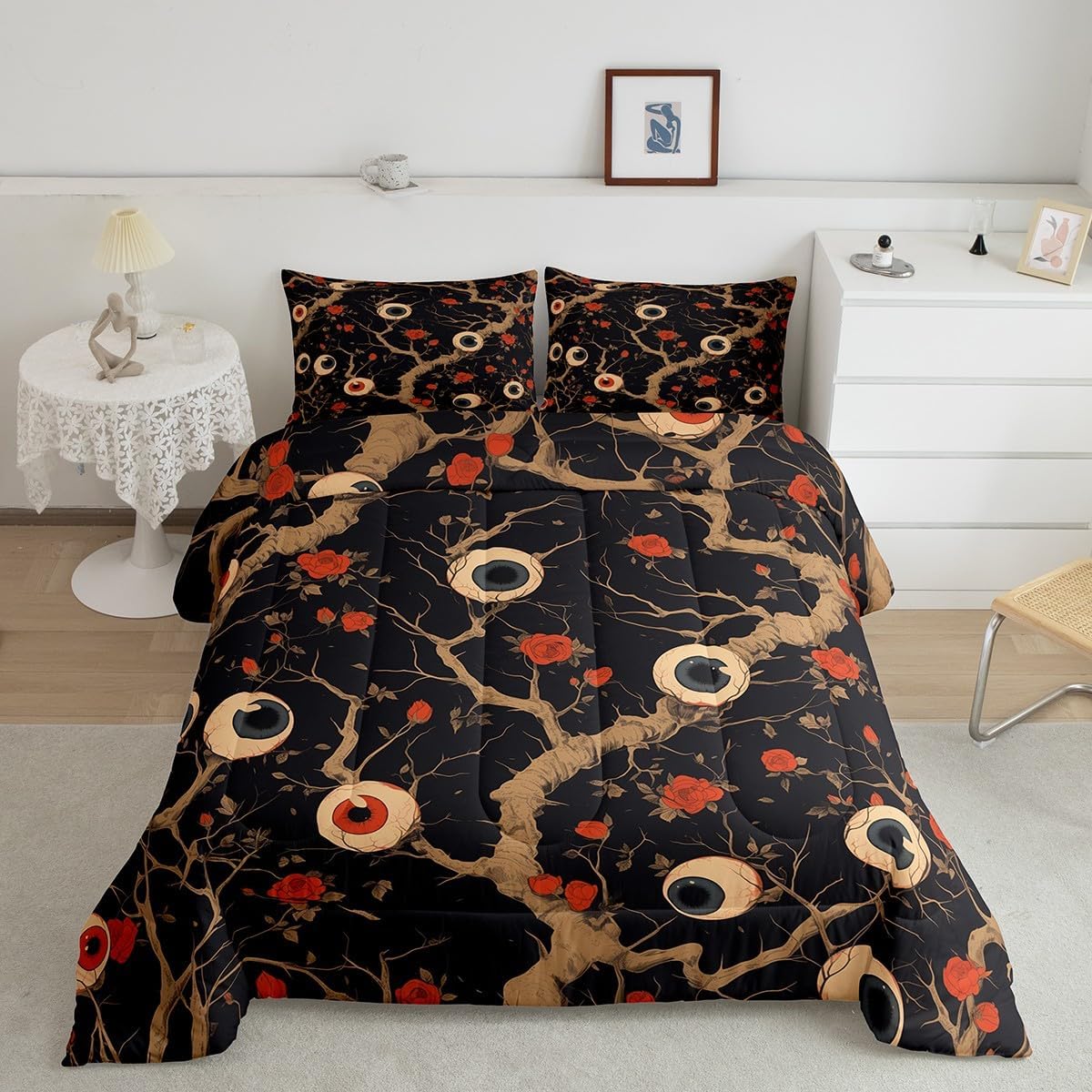 Feelyou Kids Halloween Eyeballs Bedding Set Queen Size Floral Eyeballs Tree Comforter Set for Teens Boys Girls Bedroom Halloween Decor Happy Halloween Comforter Soft Microfiber Quilt Set All Season