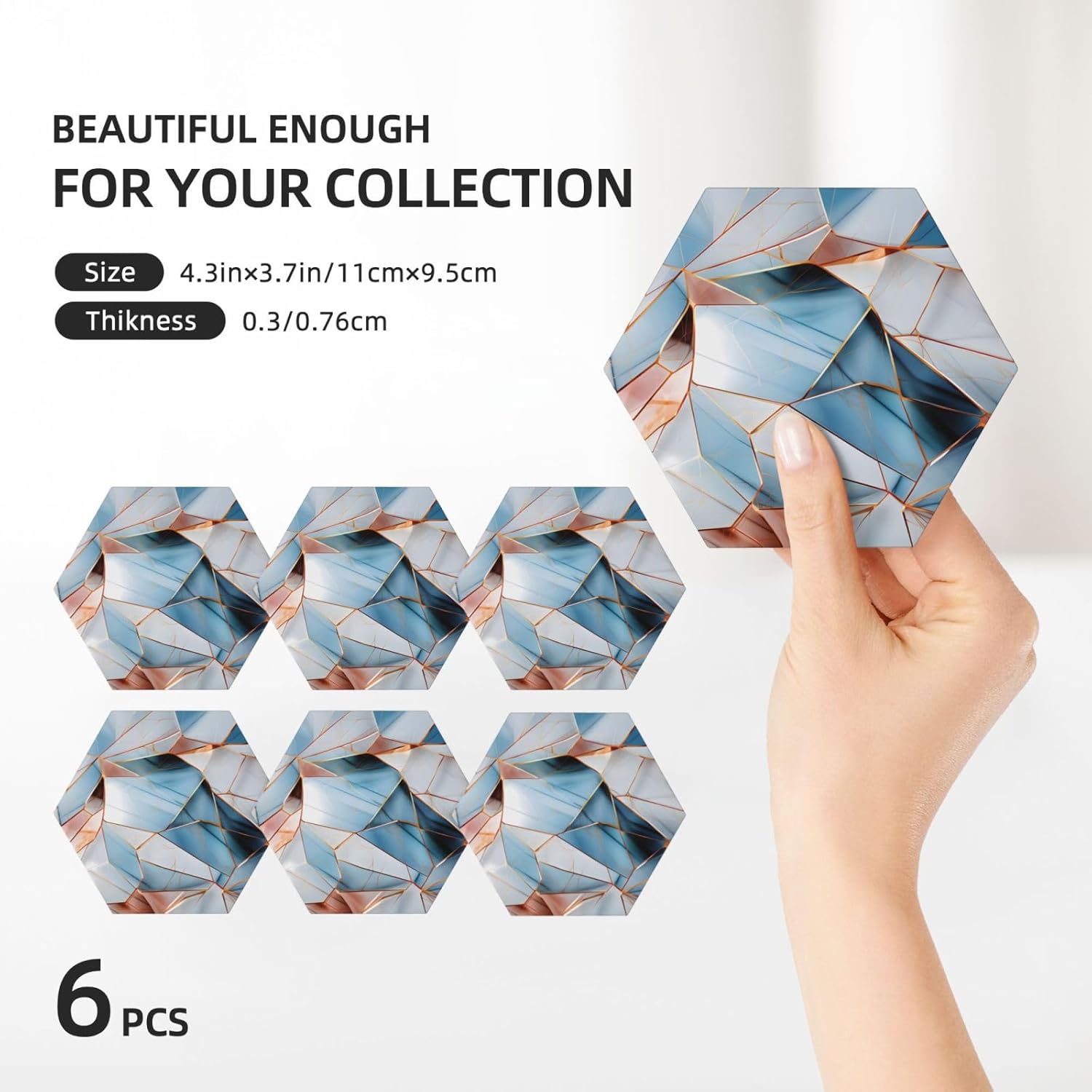 Hexagon Cup Coasters Set of 6 with Holder Pastel Turquoise Blue Marbles Pattern Absorbent Ceramic Drinking Coasters with Cork Base for Office Coffee Table Desk, Car Cup Holder