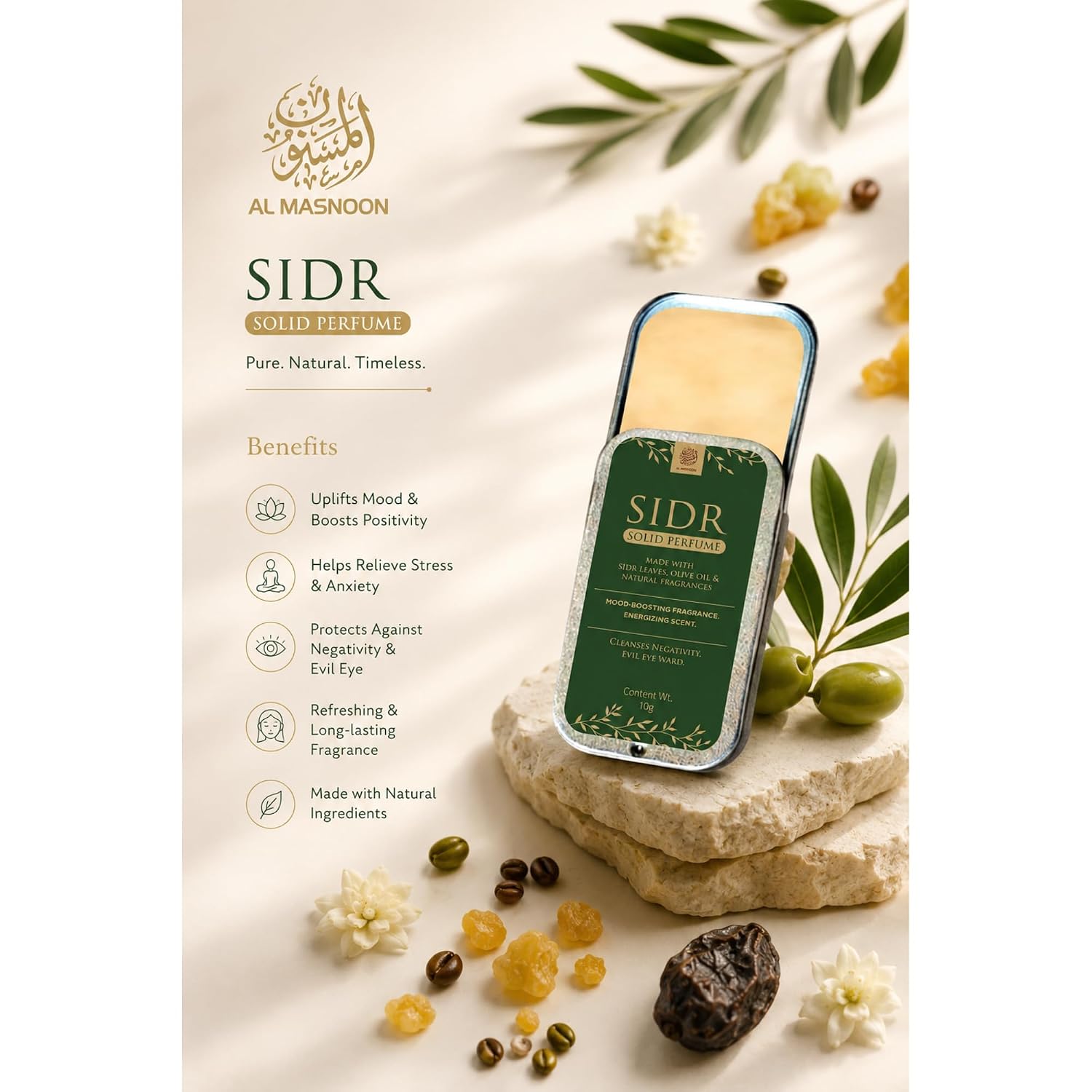 Sidr Solid Perfume 10g Pack | Natural Mood-Boosting & Energizing Scent with Sidr Leaves, Olive Oil, and Uplifting Fragrances | Ideal for Ruqaya and Enhancing Well-Being