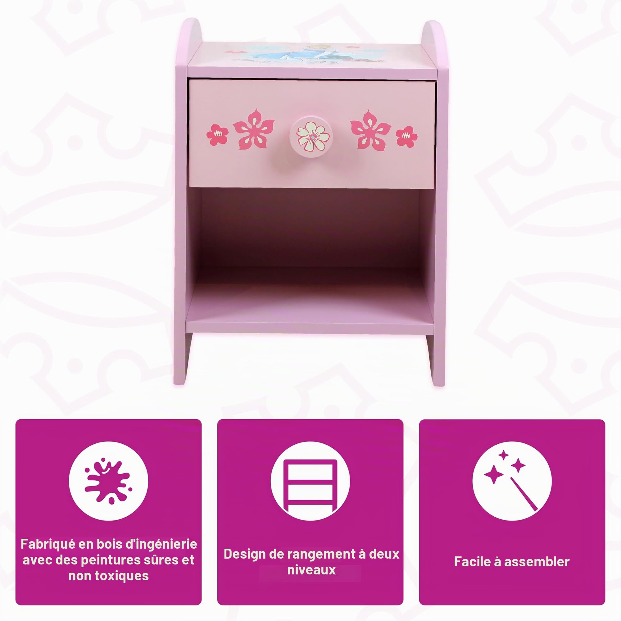 Disney Princess Moana et Raiponce Table de Chevet : Construction Robuste en Bois avec Un Design à 2 Niveaux, Petite Table d’appoint avec tiroir et étagère de Rangement pour Chambre d’Enfant