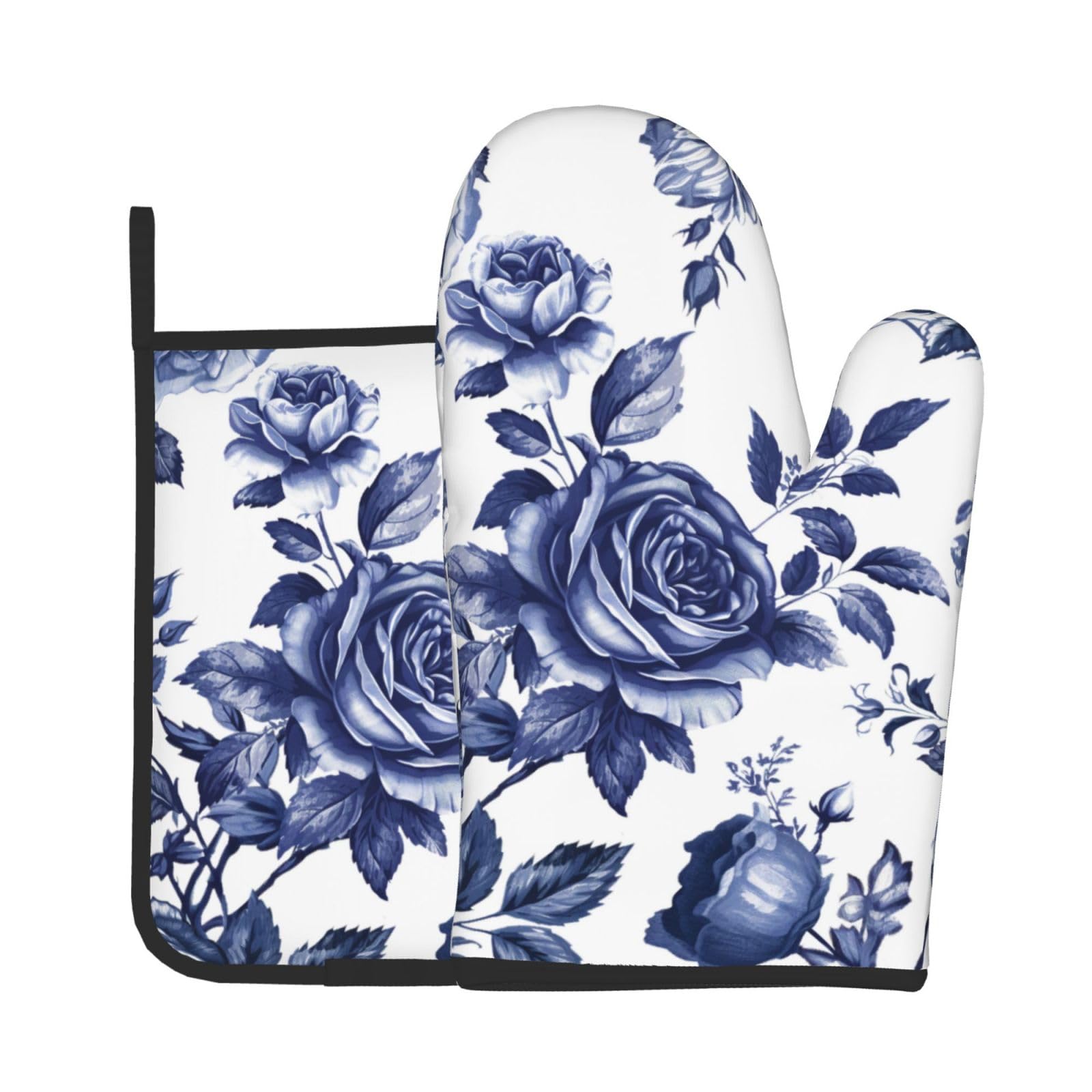 Navy Blue Floral Oven Mitts and Pot Holders Sets - Vintage Rose Kitchen Mitts Potholders 2 Pack Heat Resistant Chinoiserie Flower Oven Gloves Hot Pads for Kitchen Baking Grilling Party