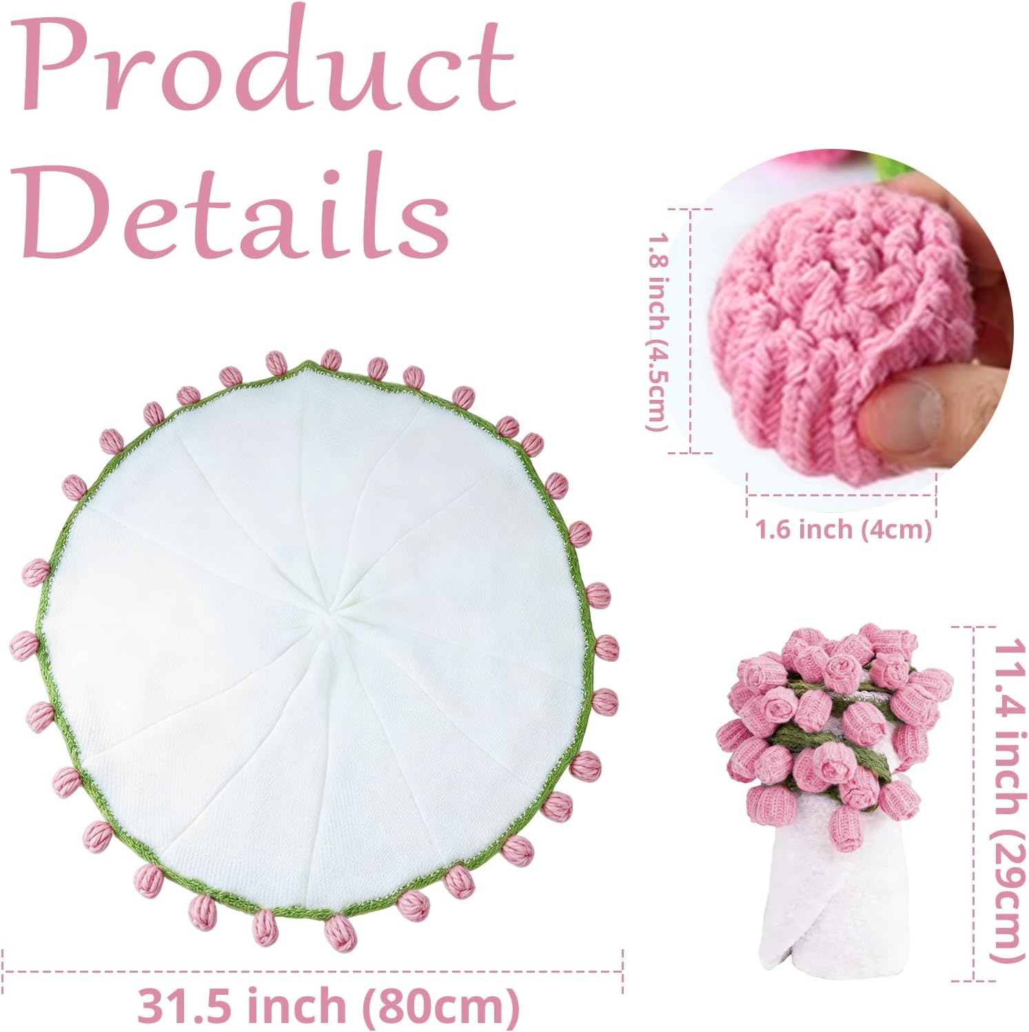 Sokfone Flower Blanket - Crochet Rose Blanket with Bouquet Blankets, Knitted Throw Blankets for Birthday, Wedding, Anniversary,Home Decor (31.5inch - Finished Pink) - Image 3