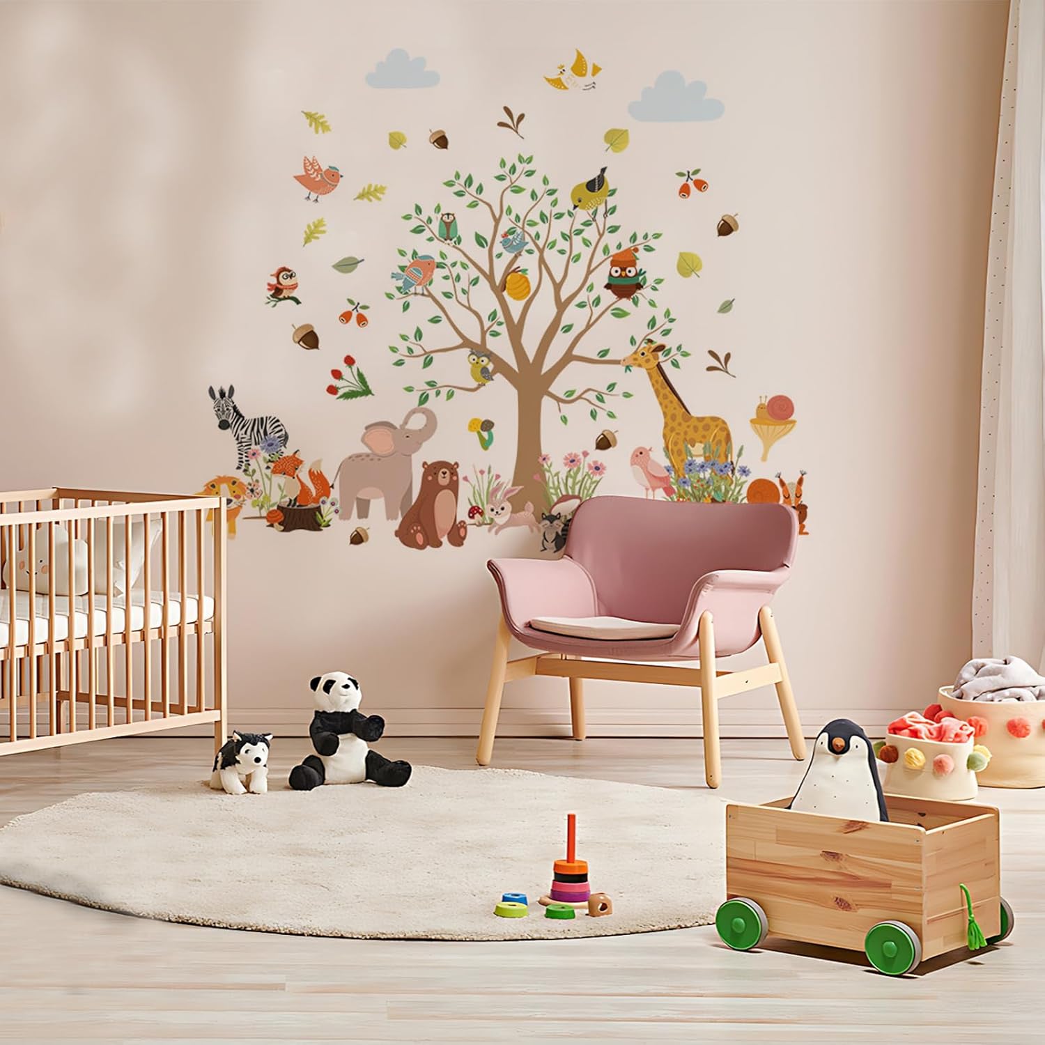 Big Tree Zoo Door Wall Stickers Baby Nursery Children's Room Wall Decor, Reusable Vinyl, Peel and Stick, Kids Mural Stickers