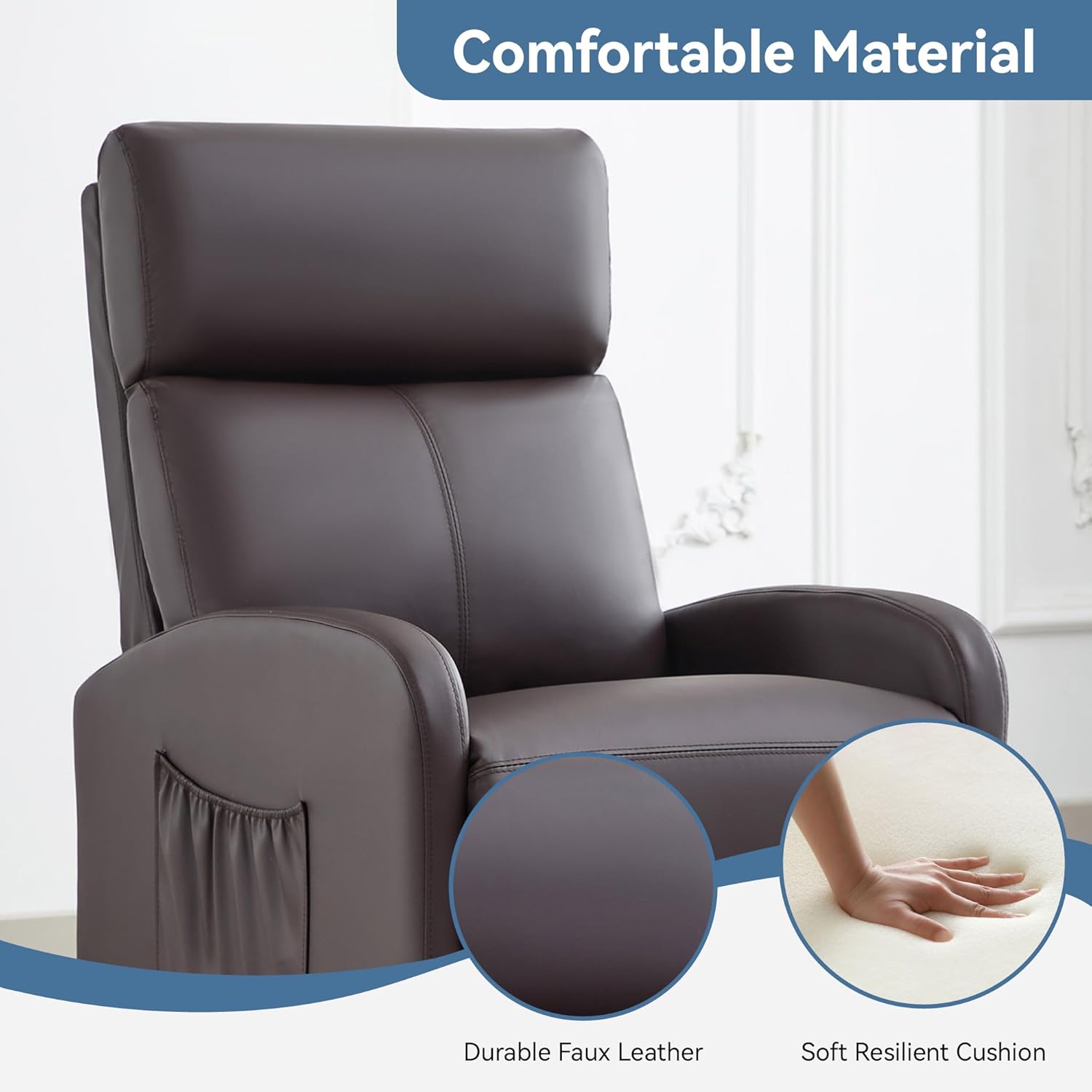 Push Back Recliner Chair, PU Leather Single Sofa with Lumbar Support, Padded Backrest, Side Pocket and Adjustable Leg Rest for Home Living Room Theatre (Brown)