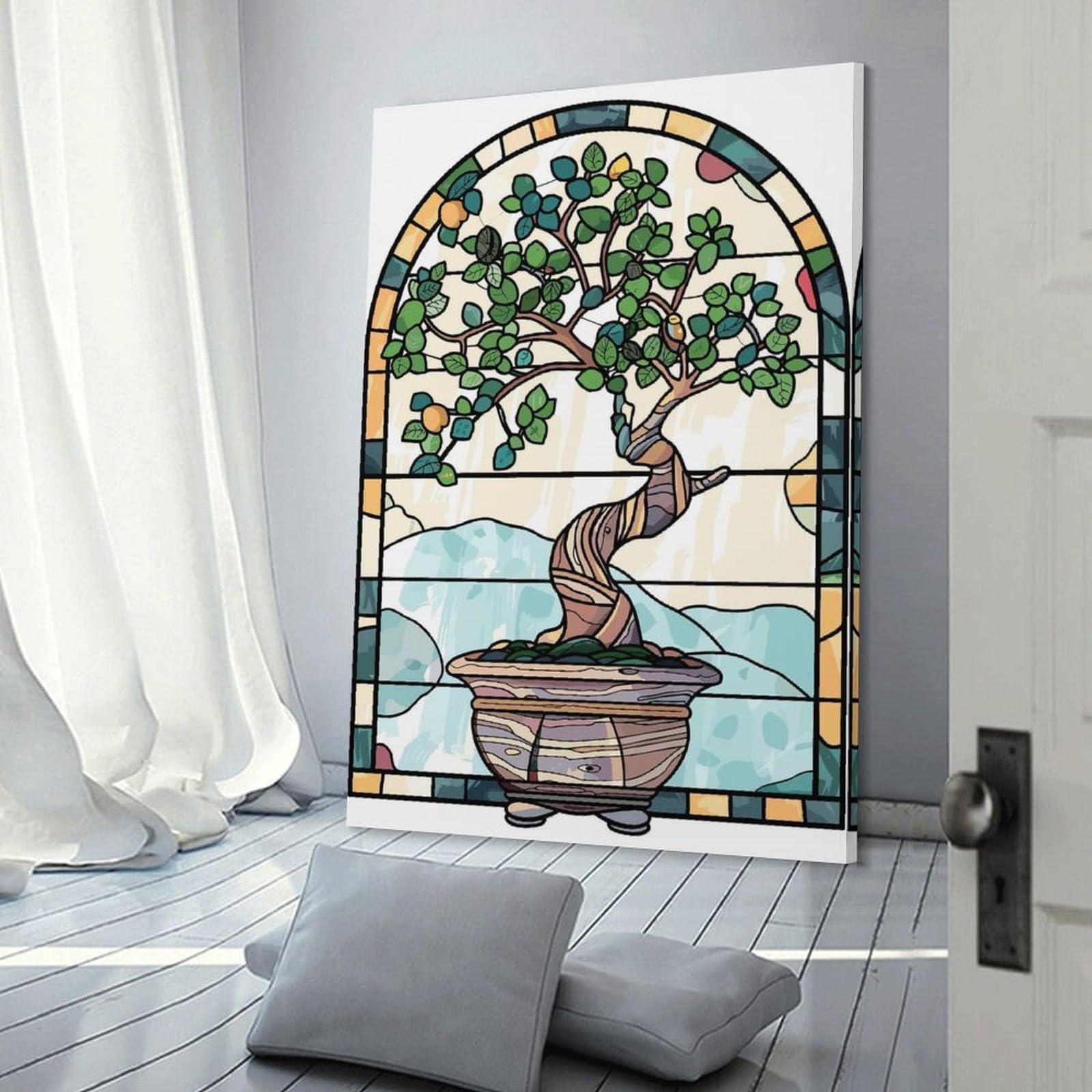 Junmoney Stained Glass Bonsai Tree Hanging Wall Art 20x30inch(50x75cm), for New Homes, Bedrooms Or Workspaces, Thoughtful Wall Decor for Art Lovers