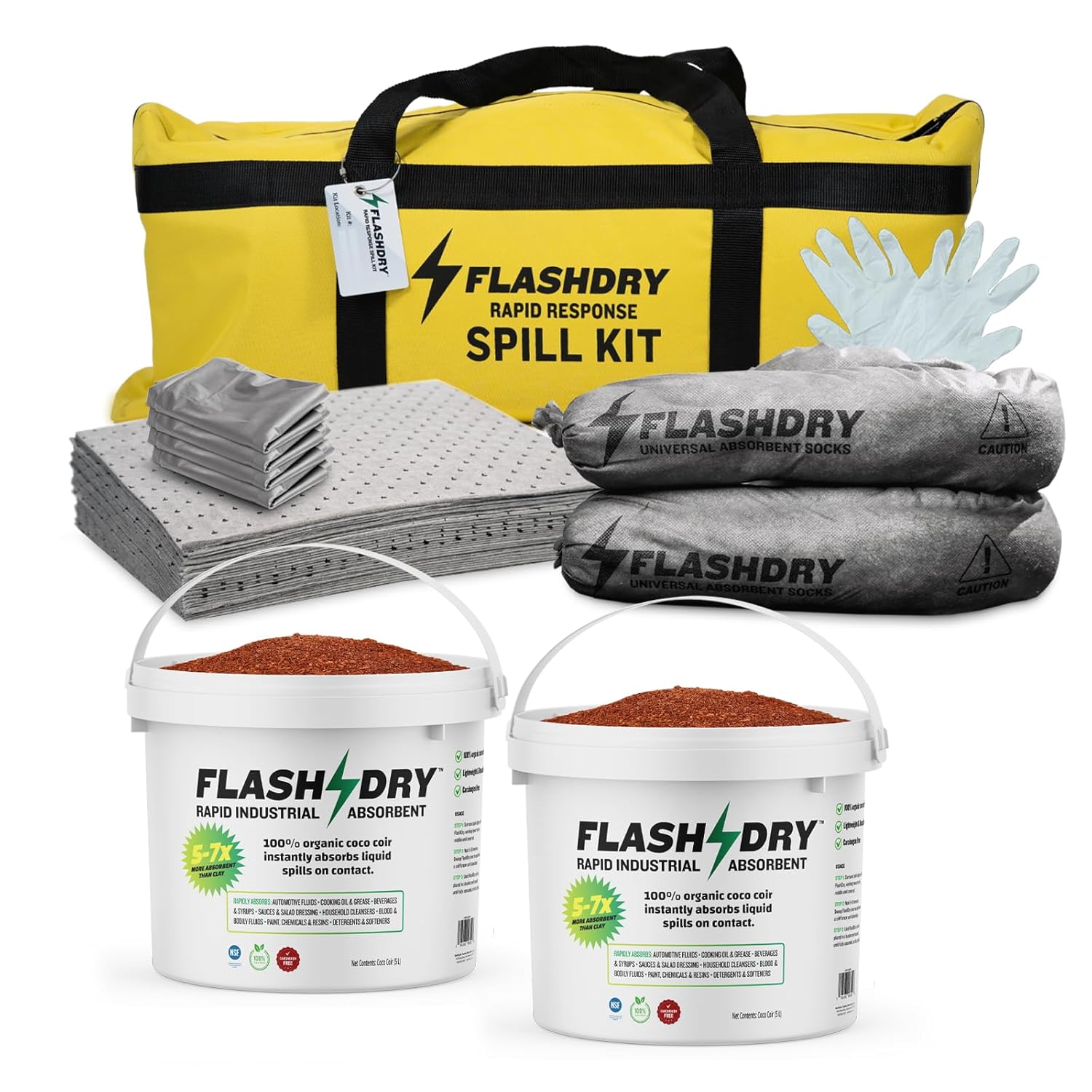 FlashDry Portable Complete Spill Kit - Yellow Duffle, Bag Tag, 15 Absorbent Pads, 2 3" x4' Sorbent Socks, Disposal Bags, Nitrile Gloves, 2 5L Buckets of 100% Organic Coir w/Dispenser Lid
