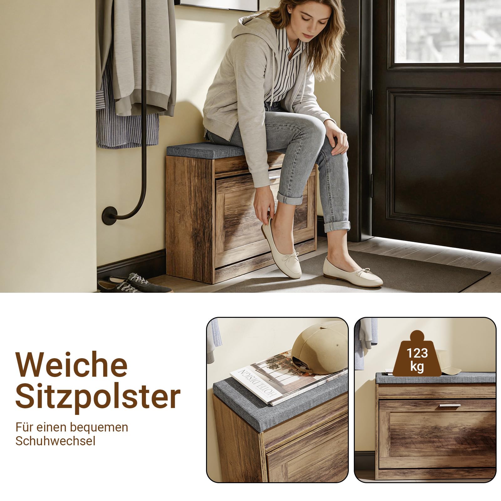 SoBuy Banco Zapatero de Entrada con Asiento - Banco Zapatero con Asiento Extra Estrecho 24 cm para Apartamentos Pequeños y Pasillos, Espacio para 6-8 Pares, Zapatos hasta EU 47 - FSR218-F