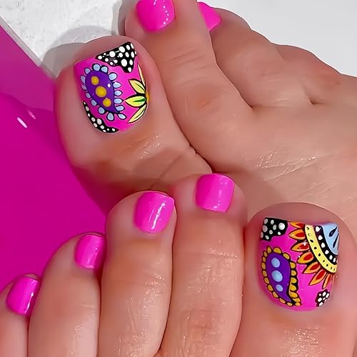 Pink Press on Toenails Short Square Fake Toe Nails Sunflower