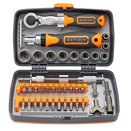 38 Piece 3/8 Ratchet Set, Drive Screwdriver and Socket Wrench with Case (6.4 x 3.6 x 2 In)