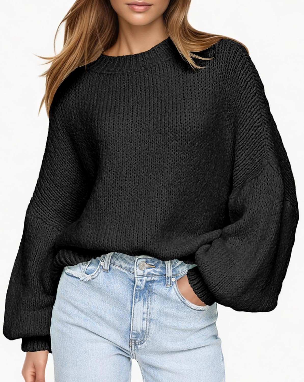 Saodimallsu Womens Oversized Sweaters Casual Lantern Long Sleeve Mock Neck Chunky Knit Loose Fall Pullove Tops - Image 2