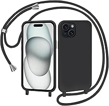 AOMYKE Cover per iPhone 15 con Cordino, Custodia con Laccio Collana Tracolla Collo Liquido Silicone Antiurto TPU Antiurto AntiGraffio Case - Nero