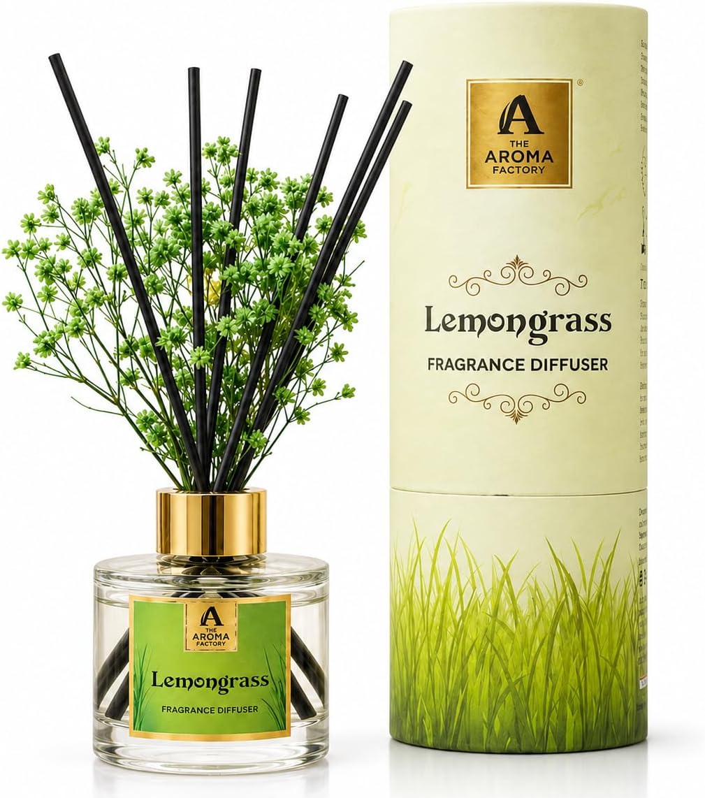 The Aroma Factory Fragrance Reed Diffuser Set with Natural Essential Oil, Aroma Sticks & Real Preserved Flowers | Luxury Home Decor Scent (Lemongrass, 1 Pack)