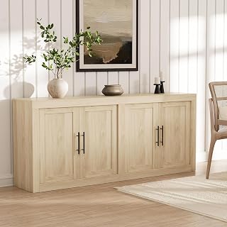TrailBlaze 71" Long Mid-Century Modern Buffet Sideboard Cabinet with Storage, Wood Credenza Media Console/Coffee Bar - Adjustable Shelves - Color: Natural Wood, Doors: 4 Wooden Doors