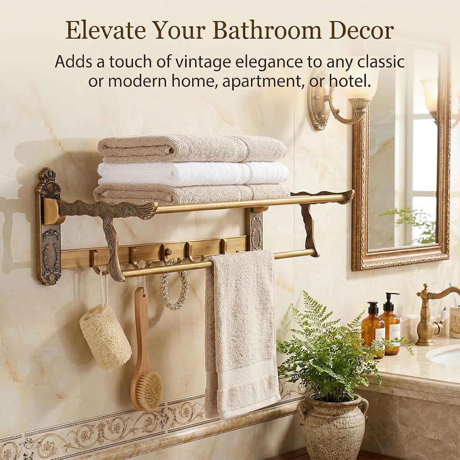 Antique Brass Towel Bar for Bathroom, Wall Mounted Vintage Towel Holder with Hooks, Adjustable Aluminum Bathroom Accessories Rack