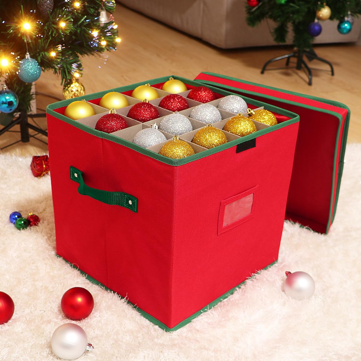 Alipis Aufbewahrungsbox für Weihnachtsschmuck mit Deckel, Rot 64 Stück