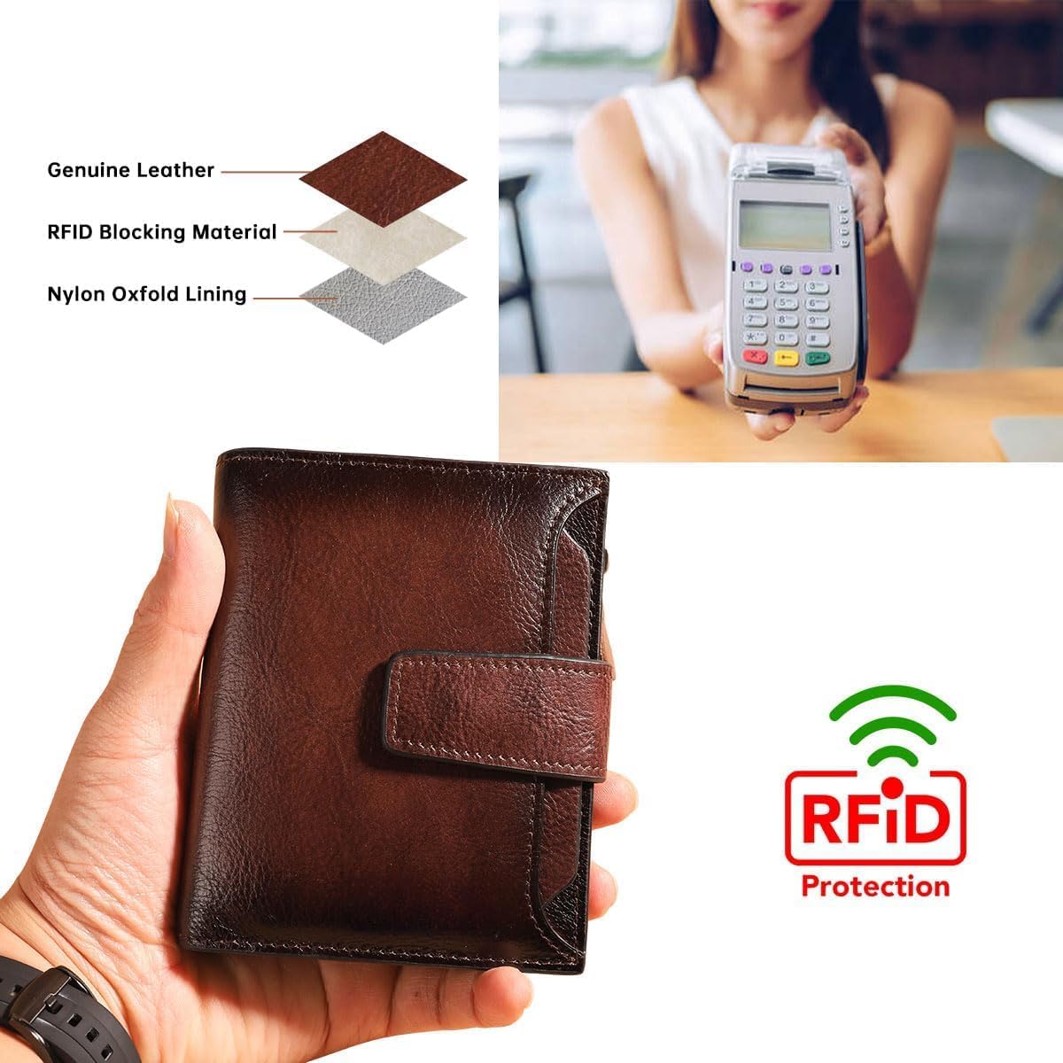 Men's Vintage RFID Blocking Bifold Wallet Genuine Leather with Zipper Coin Pocket Multi-Card Slots & ID Window (Coffee) - Image 4