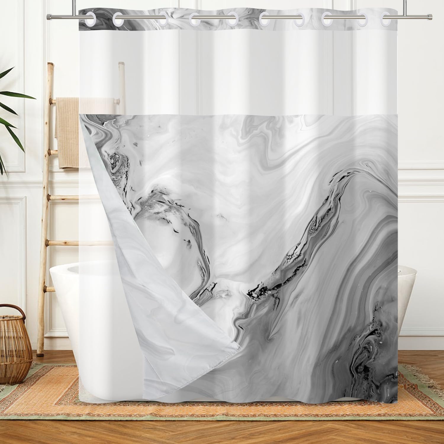 DASHAN No Hook Shower Curtain with Snap in Liner, Grey Marble Shower Curtains for Bathroom, Abstract Modern Luxury Texture Bathroom Curtain Hotel Fabric Bath Curtains 71"x74"