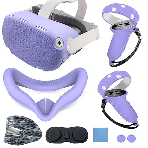 JYMEGOVR for Oculus Quest 2 Silicone Cover, Protective Cover Accessories for Meta VR, Multi Colors Soft Shell Skin, Controller Grips & Face Cover Set (Purple) - Purple