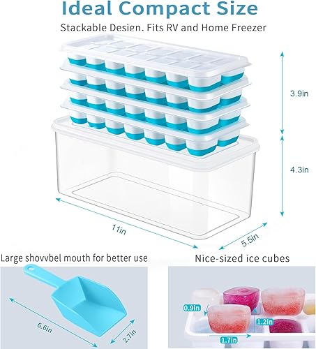 Miniatura 6 de ARTLEO Bandeja para cubitos de hielo con tapa y contenedor, paquete de 4 bandejas de plástico de silicona para cubitos de hielo para congelador con