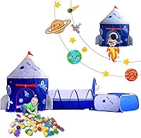 Barraca Infantil Astronauta 3 em 1 com Túnel e Foguete, Cabana Infantil Espacial para Menino e Menina, Casinha Infantil com Piscina de Bolinhas, Barraca Infantil Menino e Menina