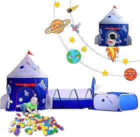 Barraca Infantil Astronauta 3 em 1 com Túnel e Foguete, Cabana Infantil Espacial para Menino e Menina, Casinha Infantil com Piscina de Bolinhas, Barraca Infantil Menino e Menina