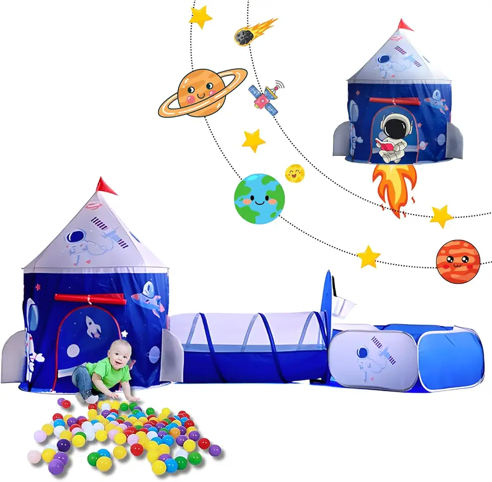 Barraca Infantil Astronauta 3 em 1 com Túnel e Foguete, Cabana Infantil Espacial para Menino e Menina, Casinha Infantil com Piscina de Bolinhas, Barraca Infantil Menino e Menina